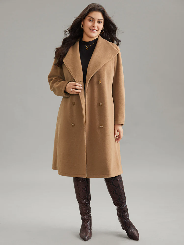 Double Breasted Plain Belted Pocket Lapel Collar Coat - Image 4
