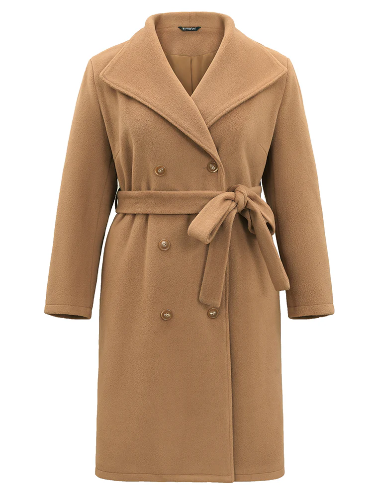 Double Breasted Plain Belted Pocket Lapel Collar Coat - Image 5