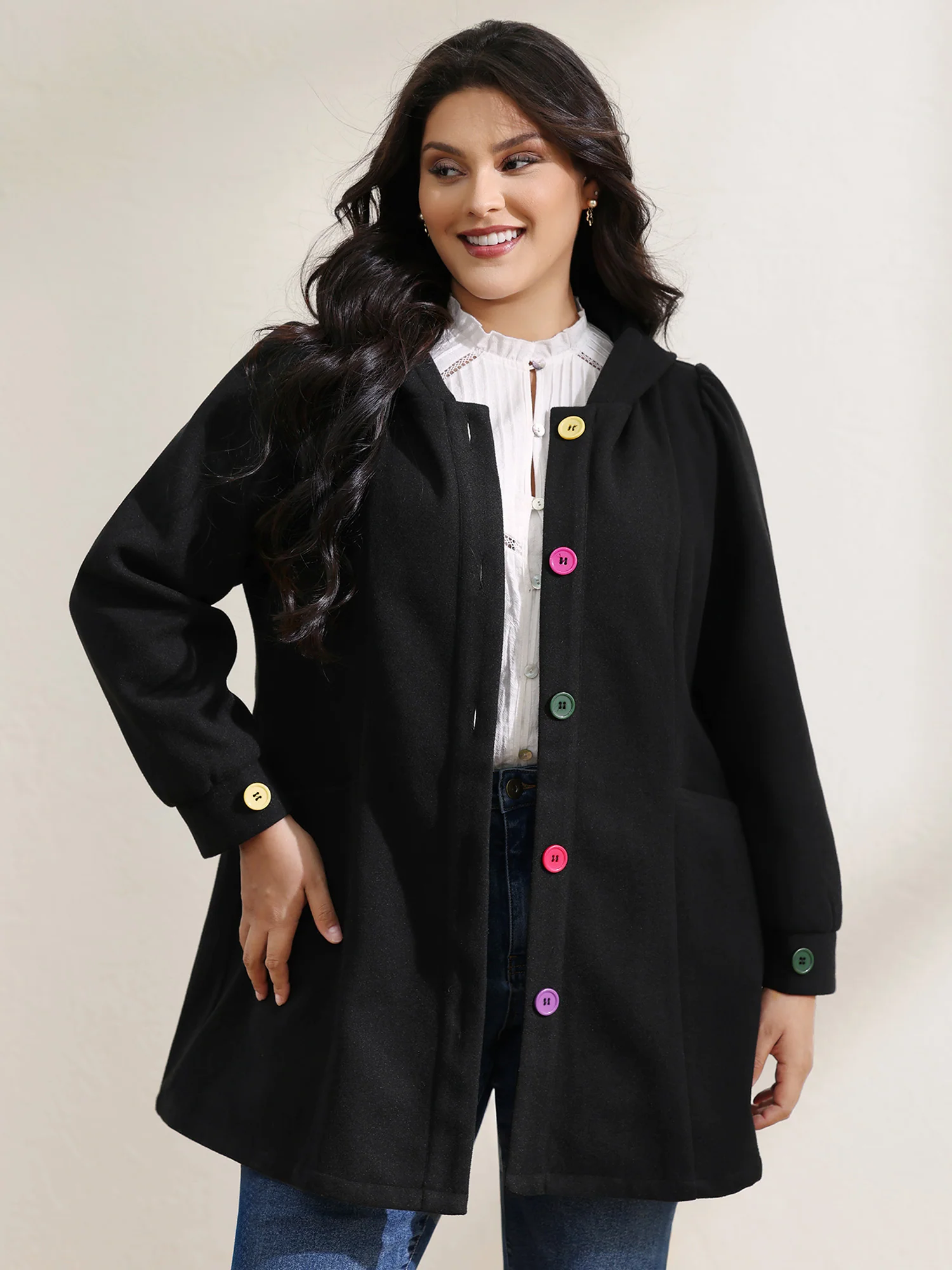 Colorful Buttons Hooded Pocket Coat - Image 2