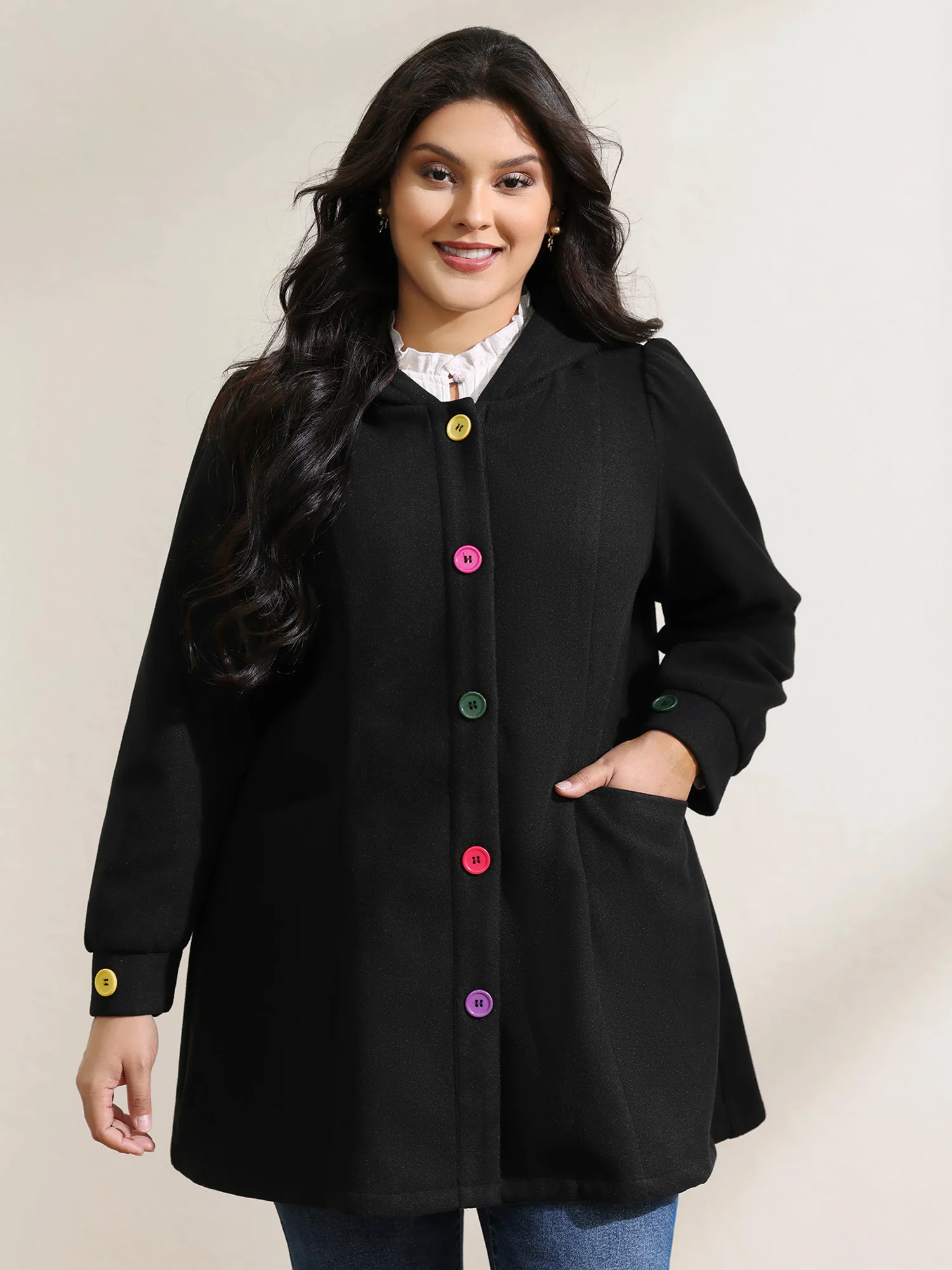 Colorful Buttons Hooded Pocket Coat - Image 3