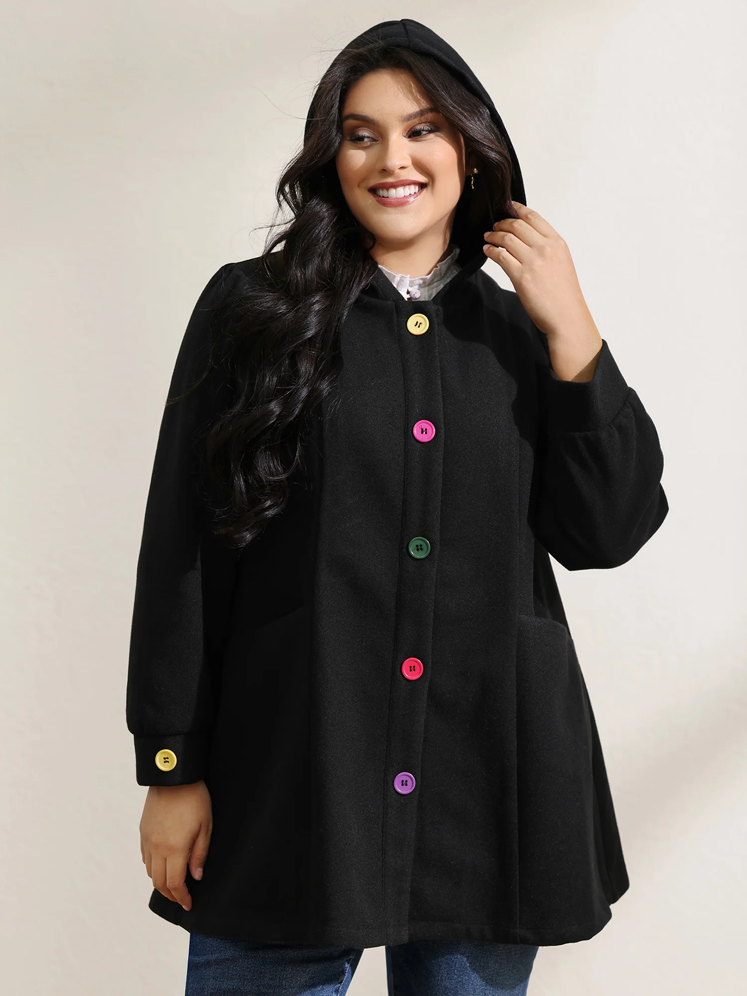 Colorful Buttons Hooded Pocket Coat - Image 4