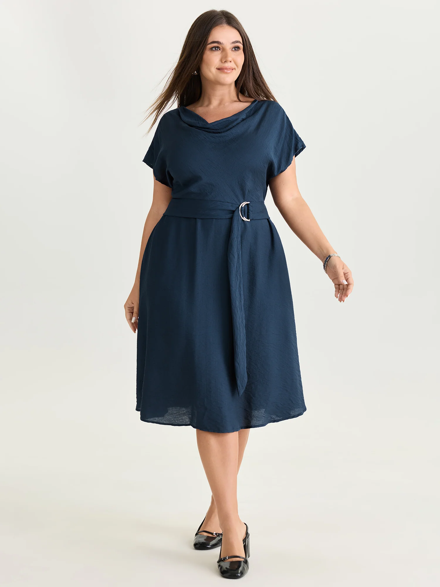 Draped Cowl Neckline Plain Midi Dress - Image 3