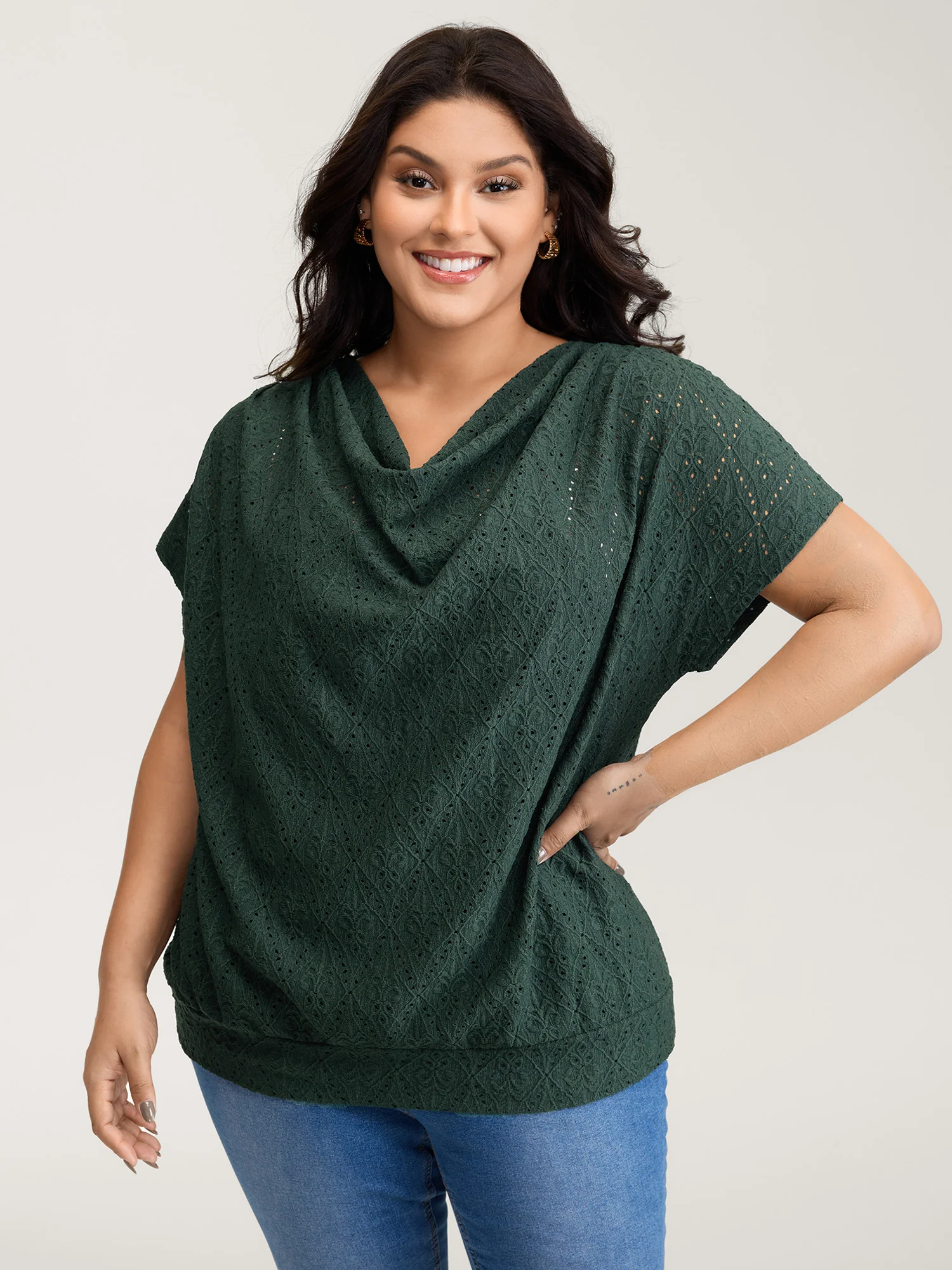 Draped Neckline Textured Button Back Blouse - Image 2