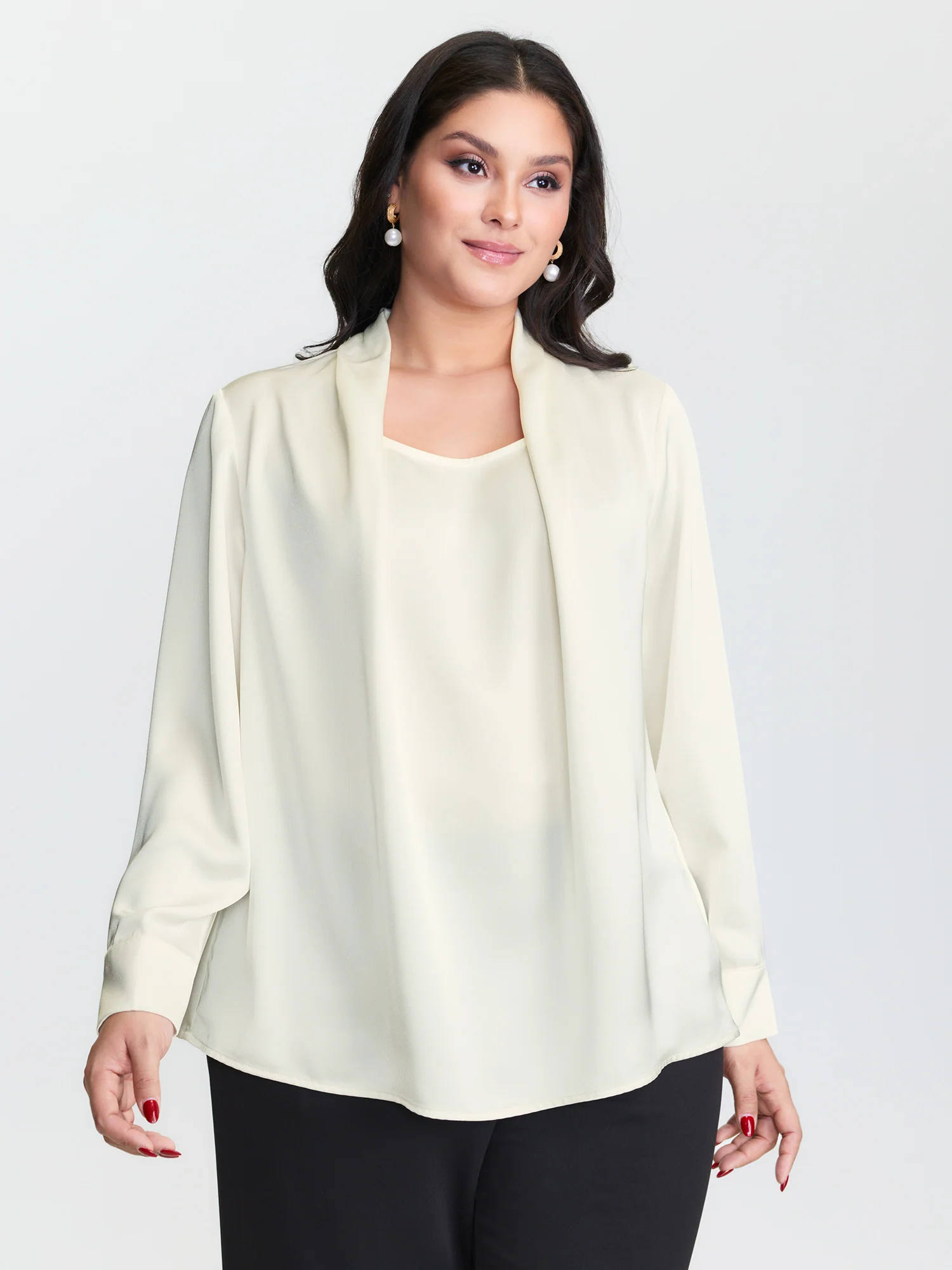 Draped Plain Satin Cuffed Blouse