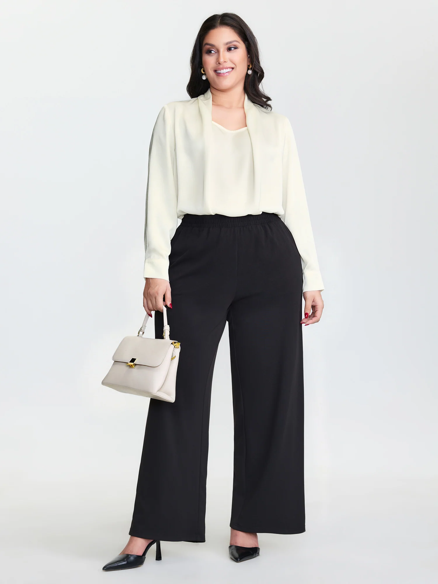 Draped Plain Satin Cuffed Blouse - Image 2