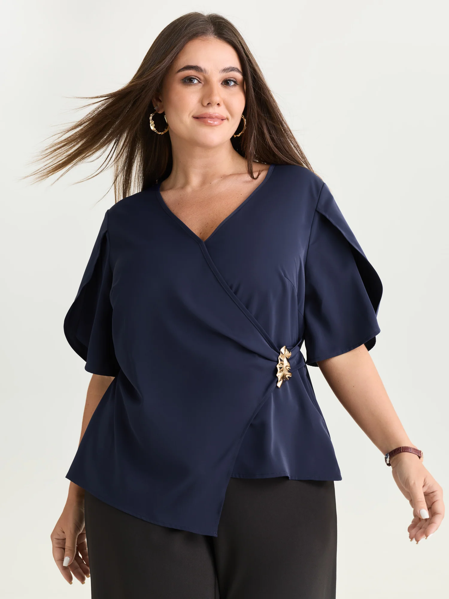 Draped Side Buckle Petal Sleeve Blouse