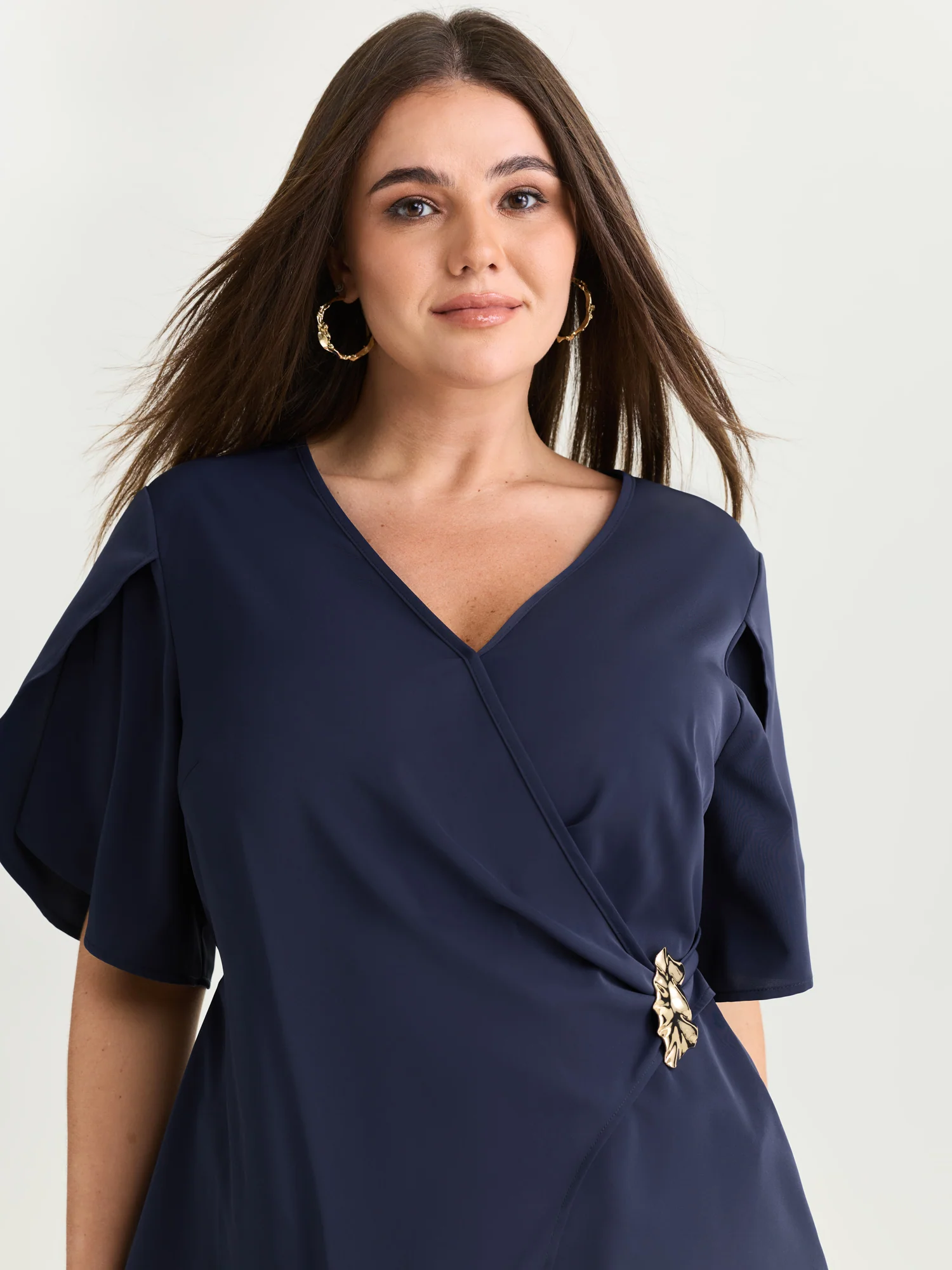 Draped Side Buckle Petal Sleeve Blouse - Image 2