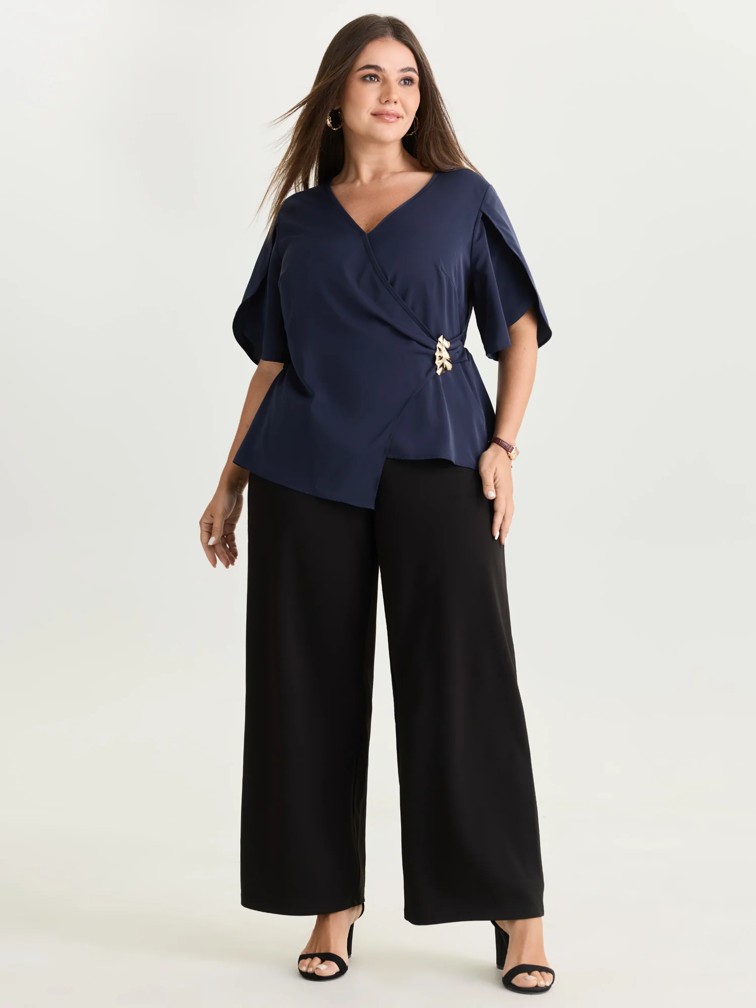 Draped Side Buckle Petal Sleeve Blouse - Image 3