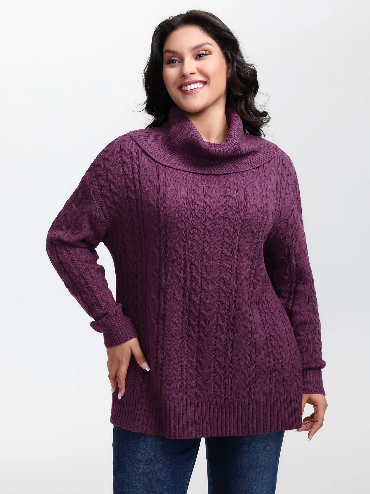 Drapey High Turtleneck Cable-Knit Pullover - Image 2
