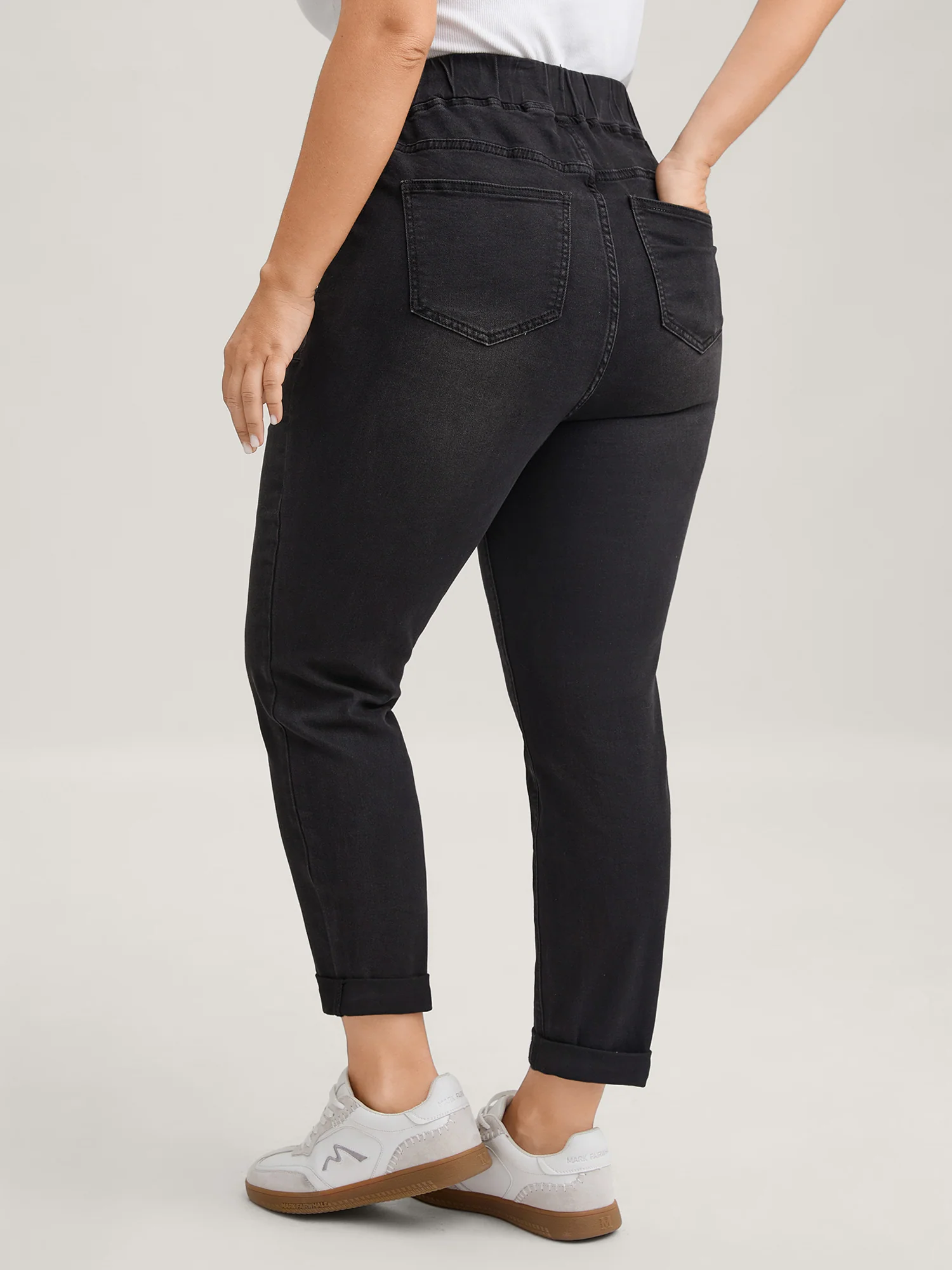Pull-On Drawstring Folded Hem Boyfriend Jeans - Image 13