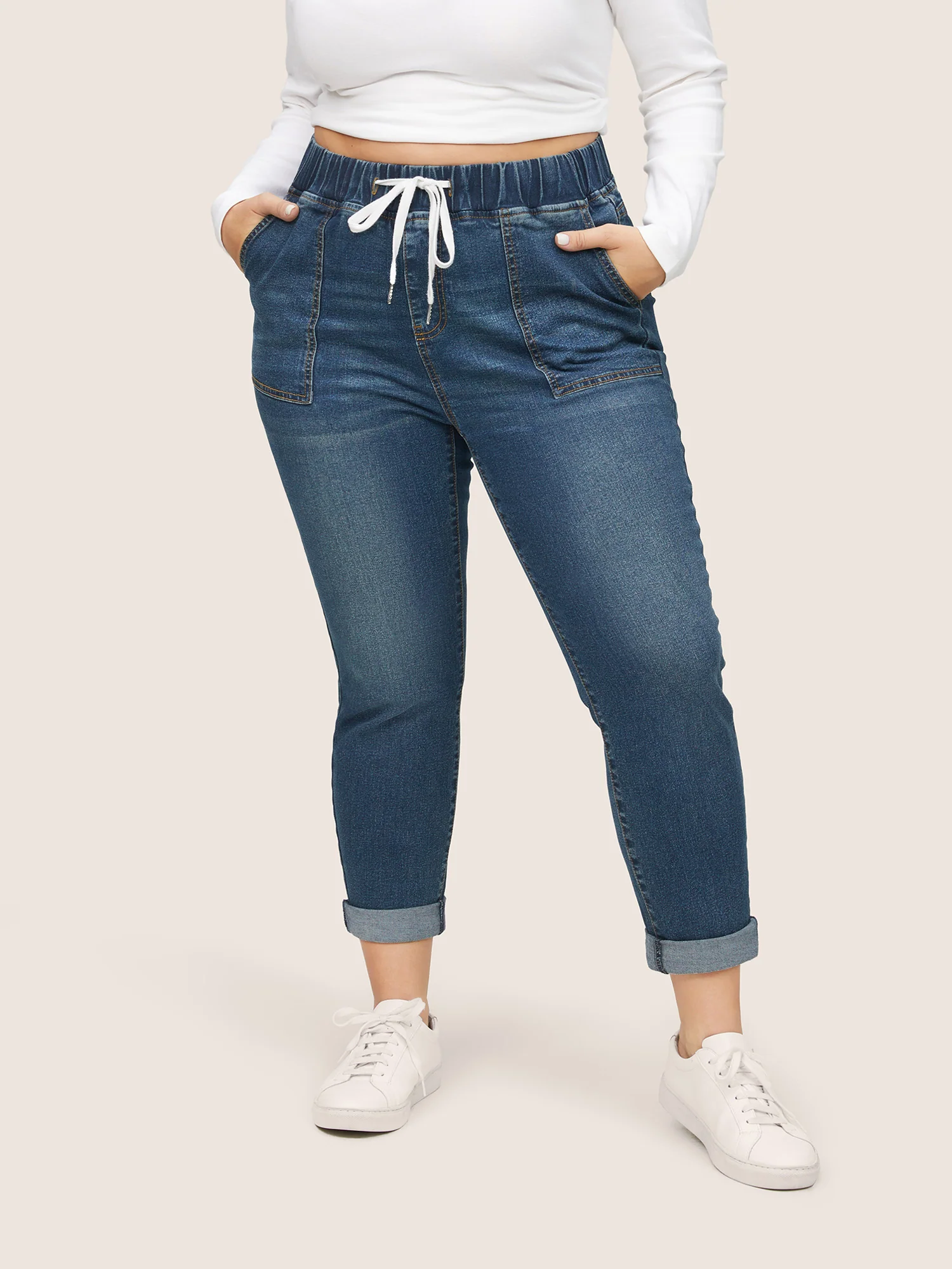 Pull-On Drawstring Folded Hem Boyfriend Jeans - Image 14