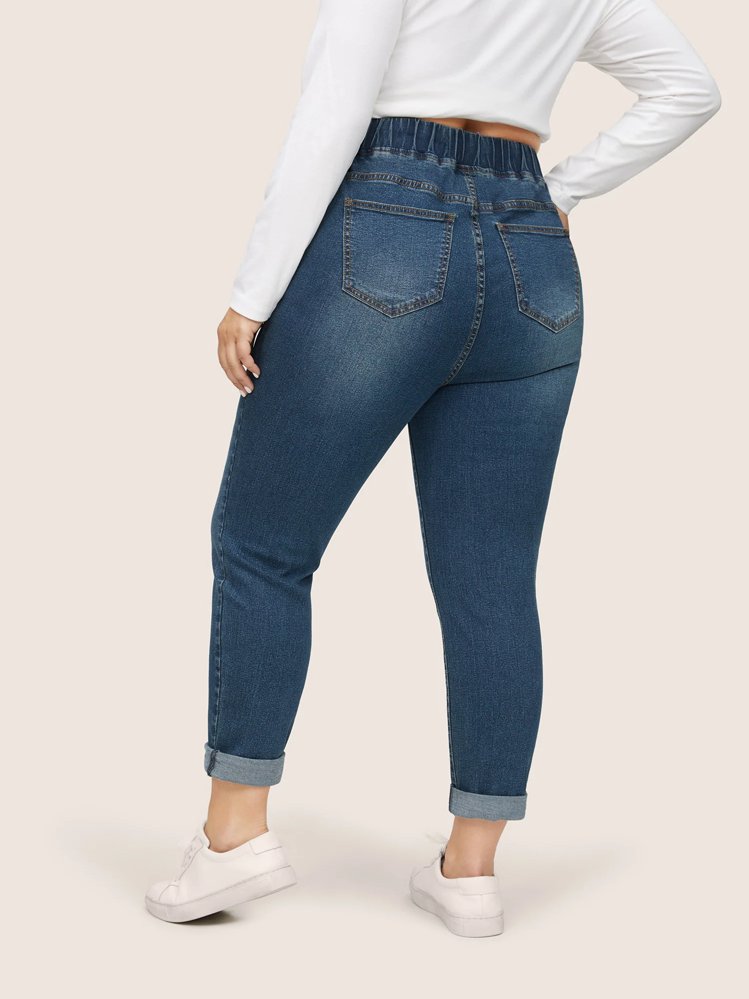 Pull-On Drawstring Folded Hem Boyfriend Jeans - Image 15