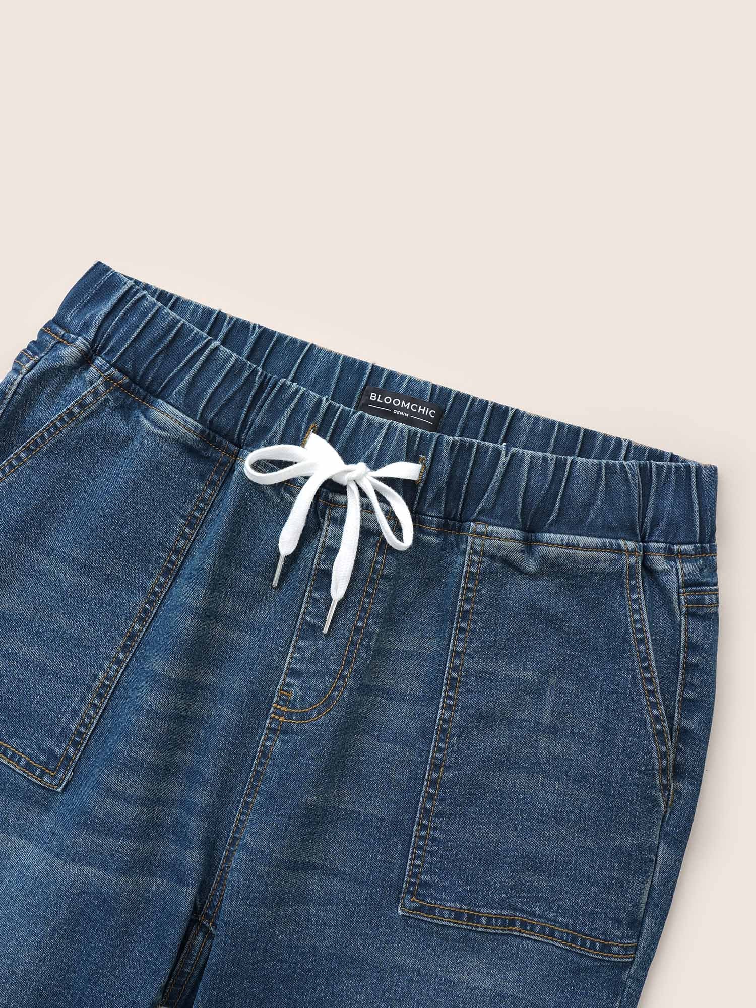 Pull-On Drawstring Folded Hem Boyfriend Jeans - Image 18