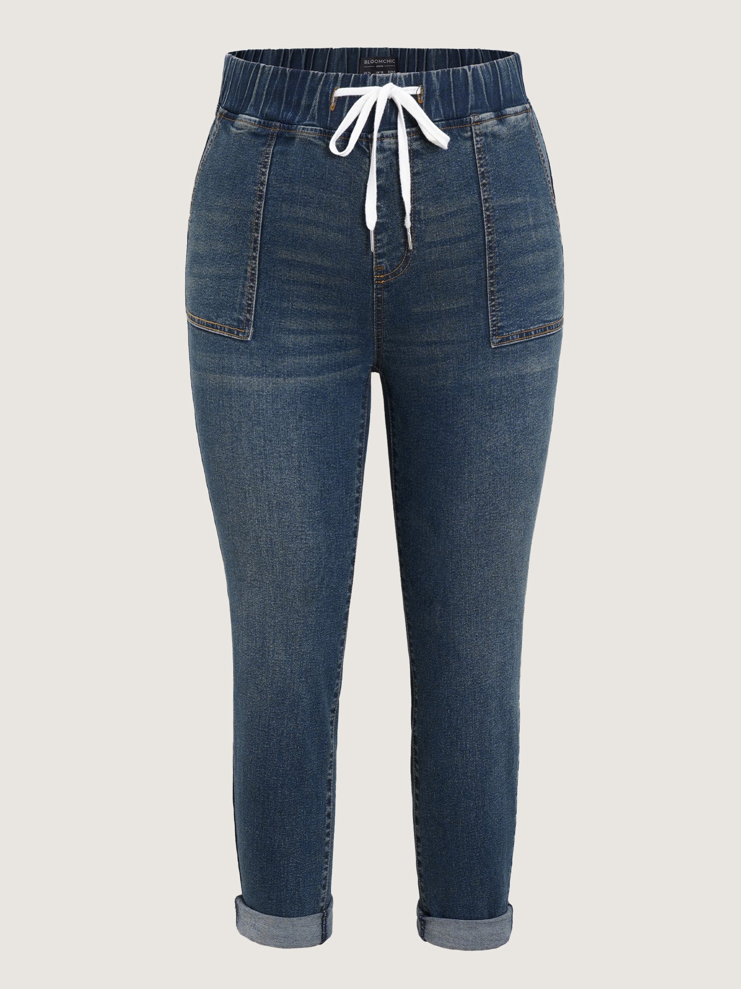 Pull-On Drawstring Folded Hem Boyfriend Jeans - Image 8