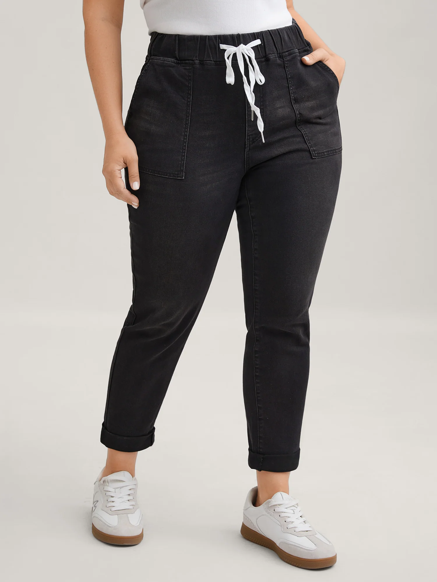 Pull-On Drawstring Folded Hem Boyfriend Jeans - Image 9