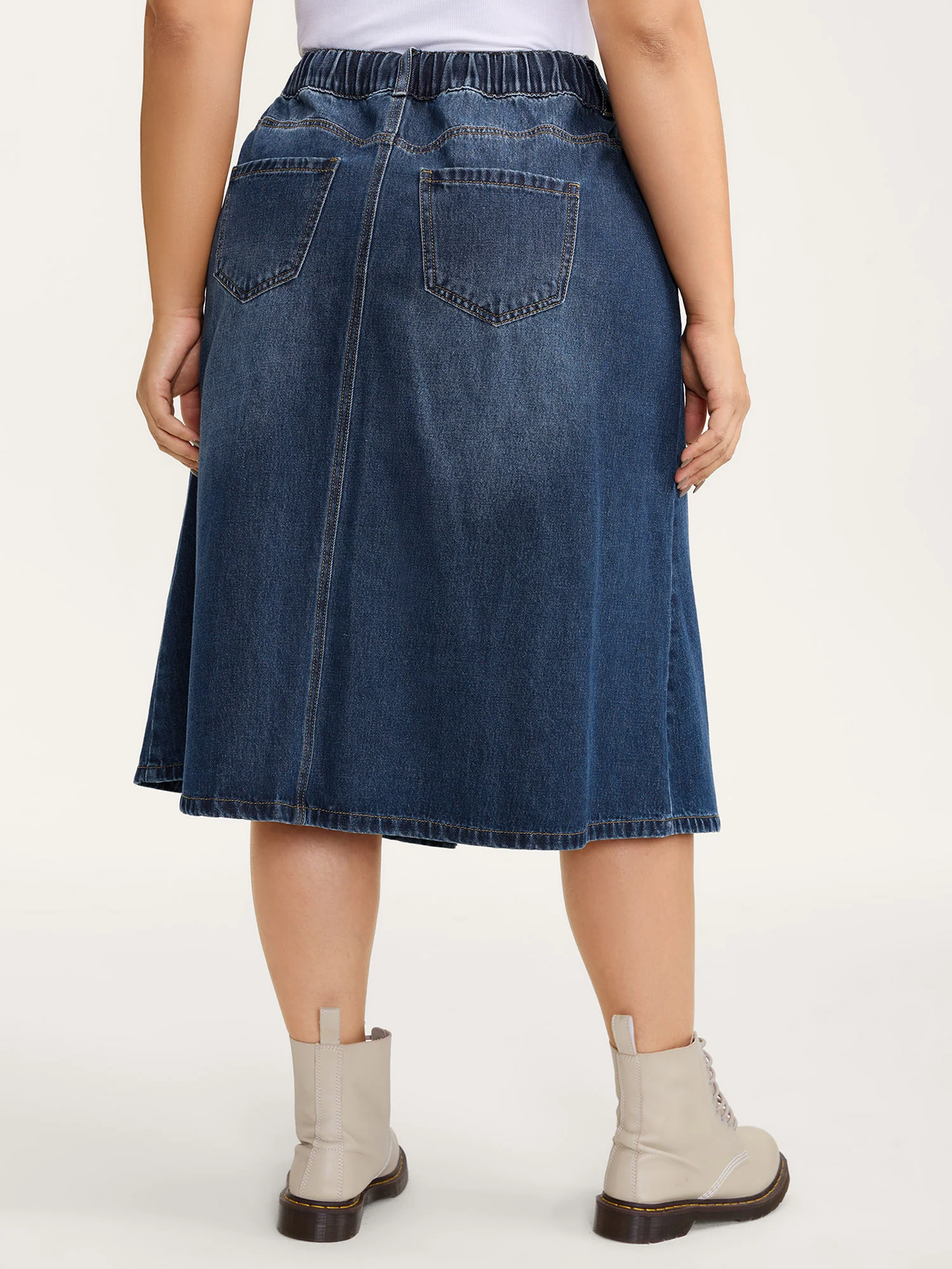 Drawstring Front Slit Stretchy Waist Midi Denim Skirt - Image 6