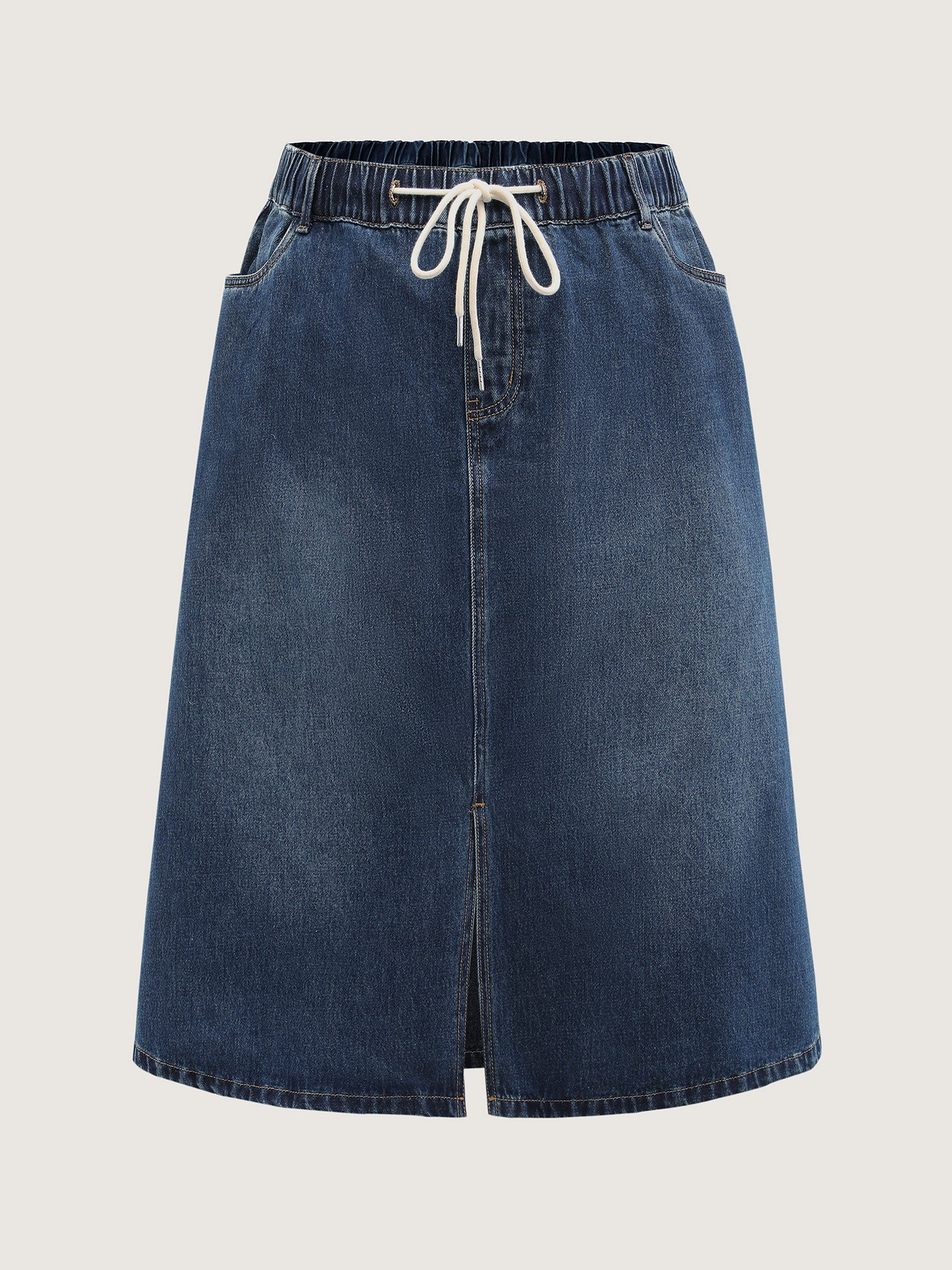 Drawstring Front Slit Stretchy Waist Midi Denim Skirt - Image 7