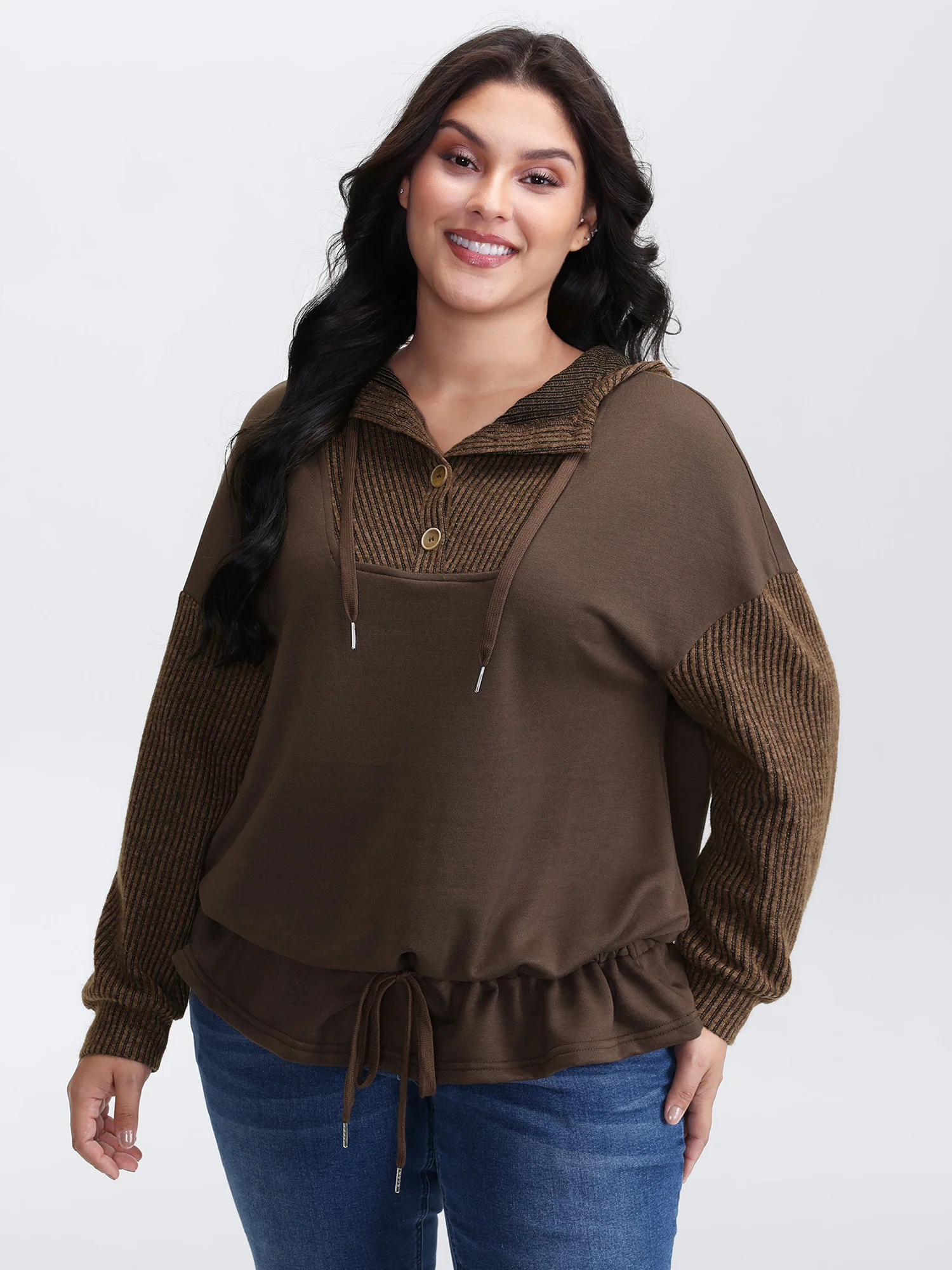 Drawstring Mixed Material Button Hoodie - Image 2