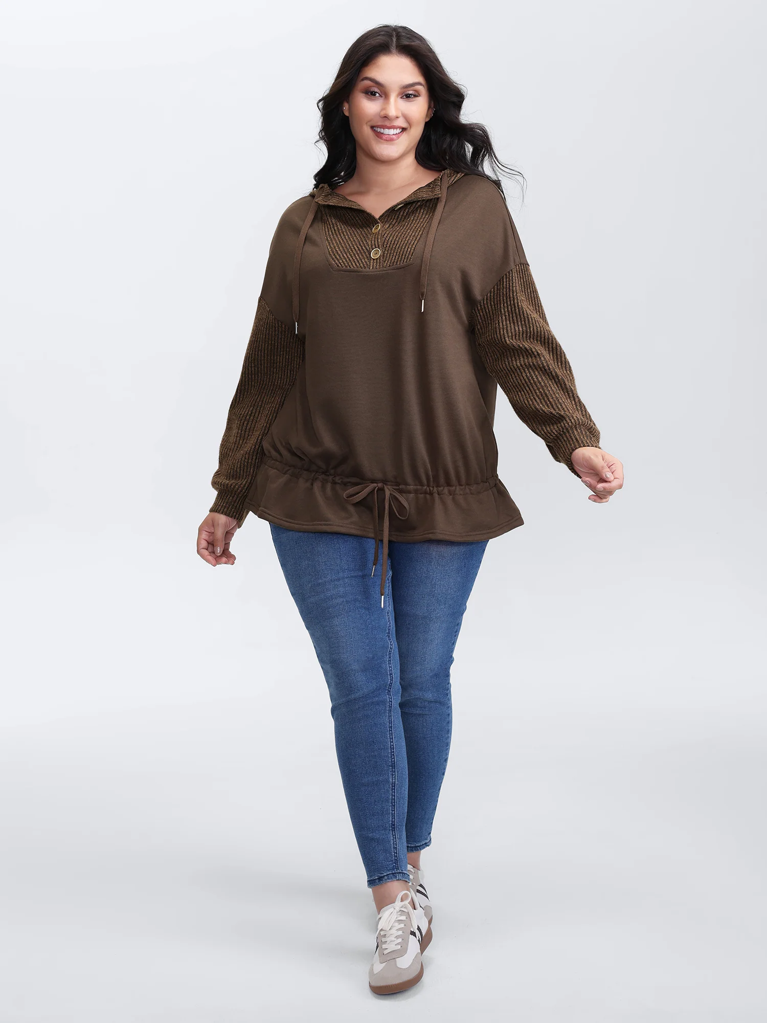 Drawstring Mixed Material Button Hoodie - Image 3