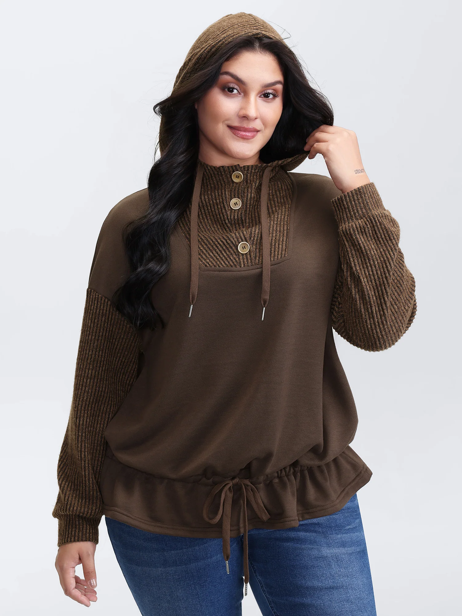 Drawstring Mixed Material Button Hoodie - Image 4
