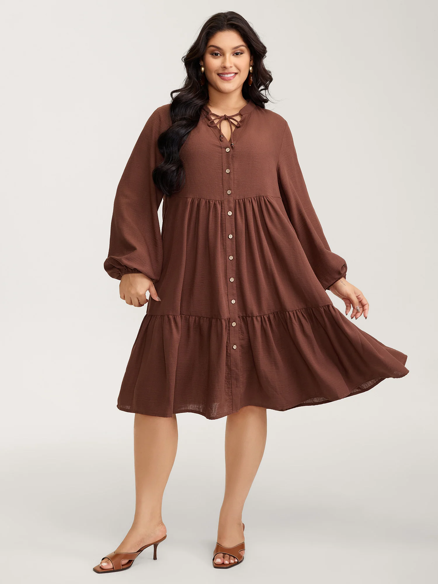 Drawstring Neck Tiered Balloon Sleeve Midi Dress - Image 3