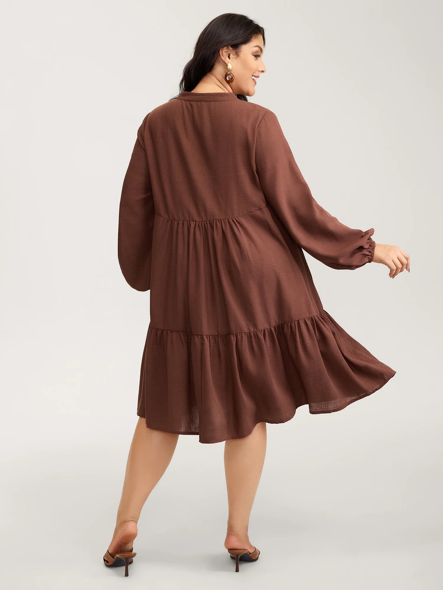 Drawstring Neck Tiered Balloon Sleeve Midi Dress - Image 4