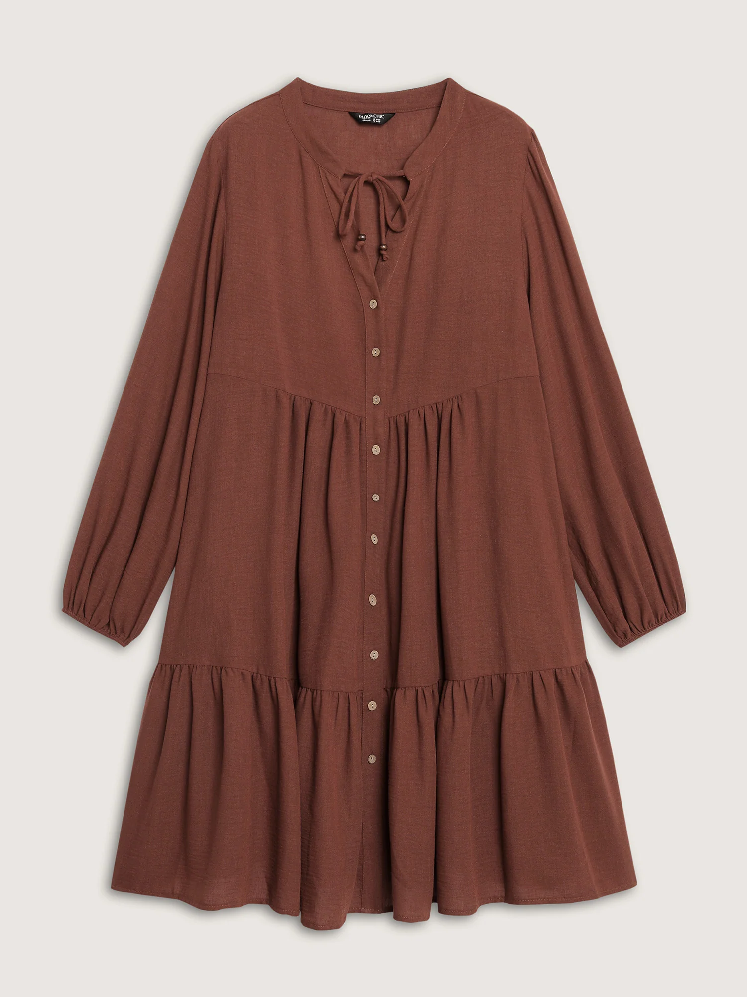 Drawstring Neck Tiered Balloon Sleeve Midi Dress - Image 7