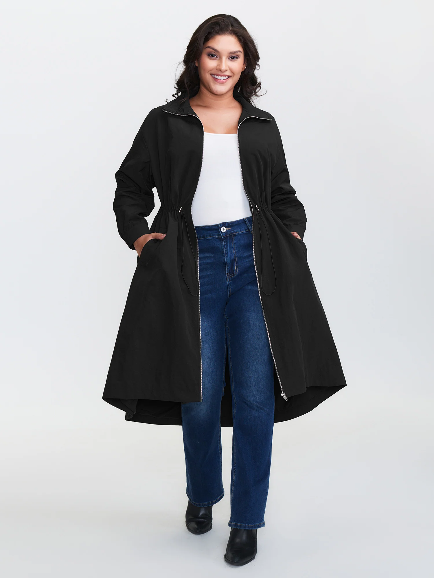 Drawstring Pockets Zipper Long Coat - Image 2
