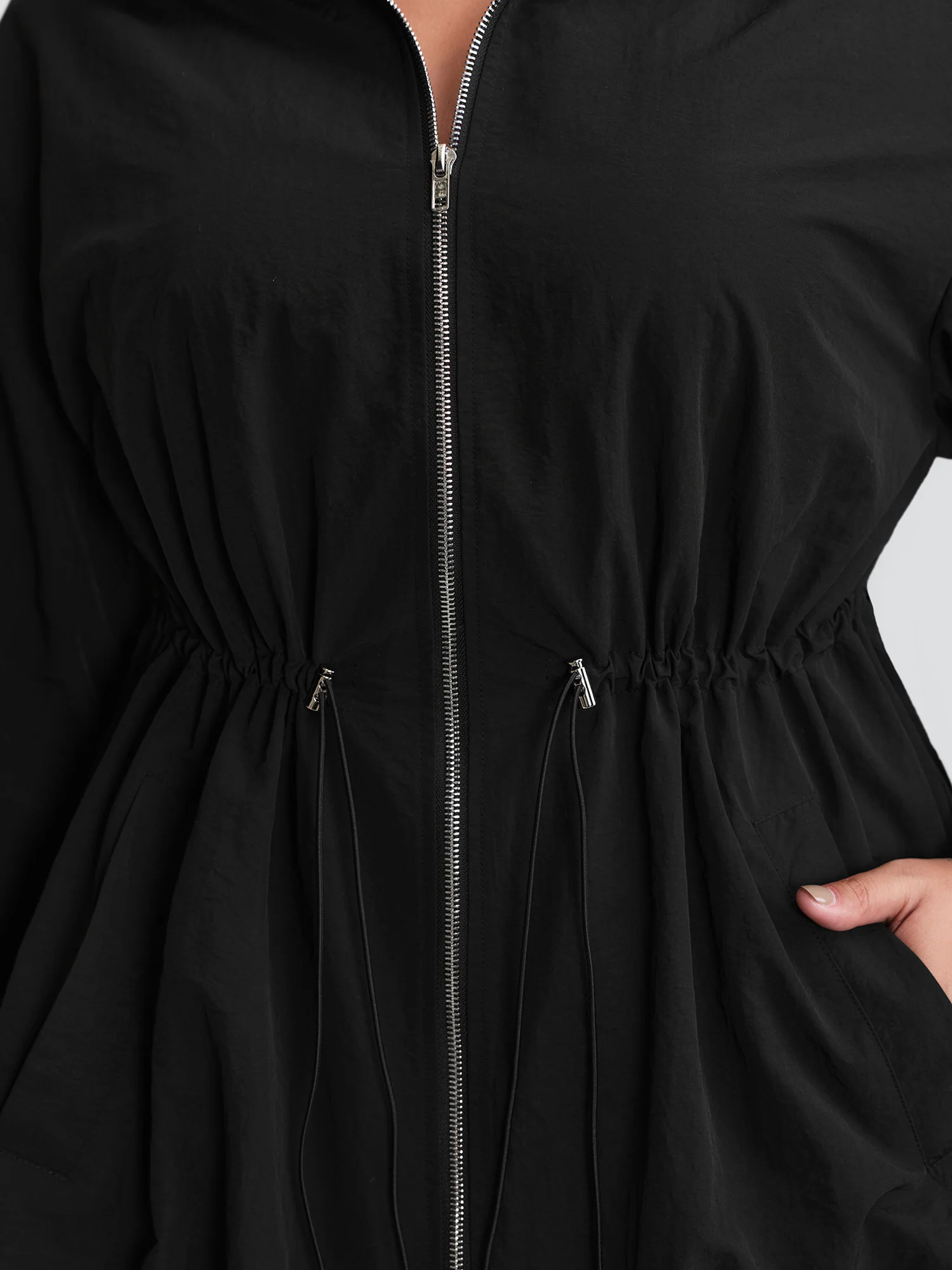 Drawstring Pockets Zipper Long Coat - Image 3