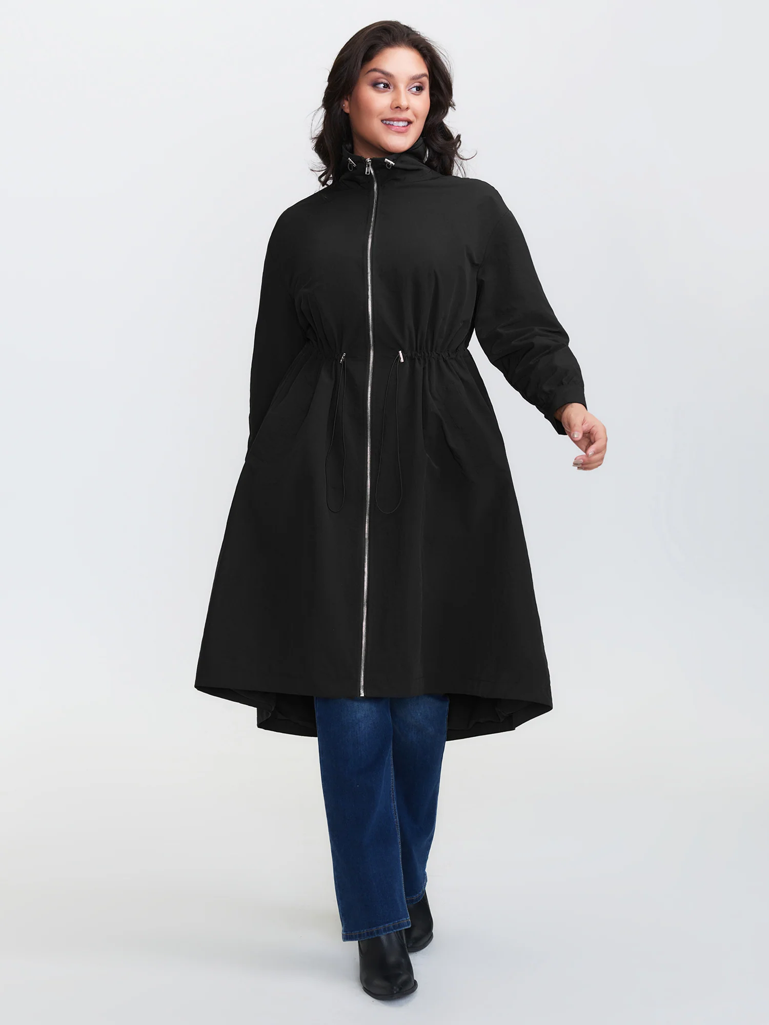 Drawstring Pockets Zipper Long Coat - Image 4