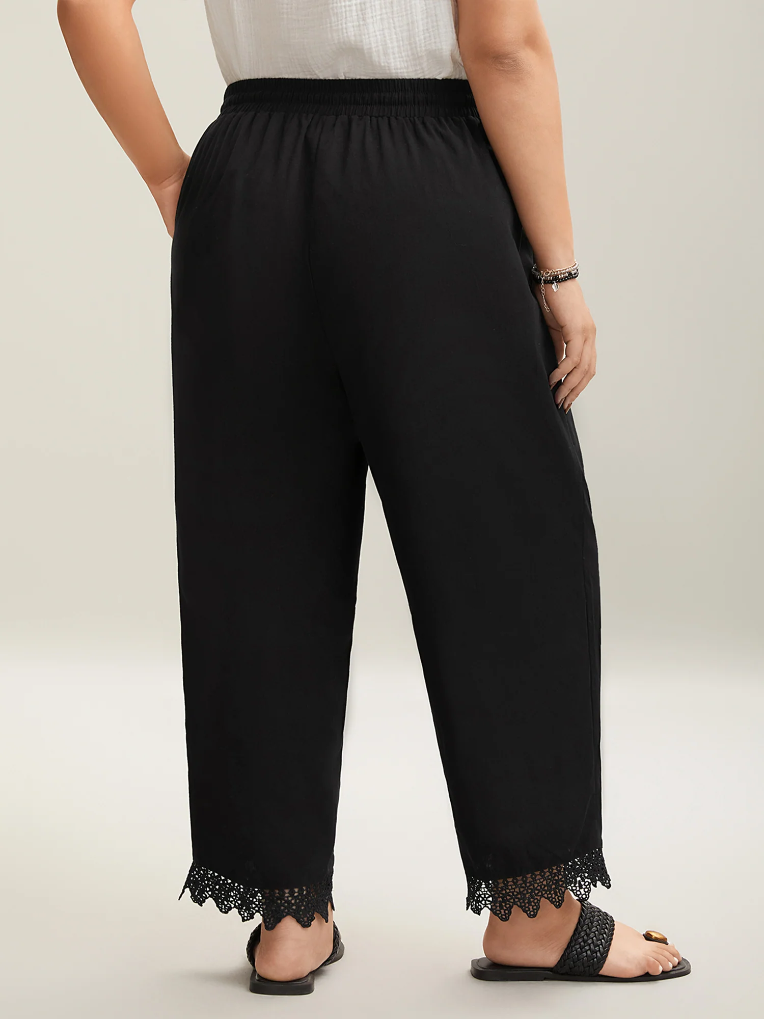 Drawstring Scalloped Lace Hem Pants - Image 4
