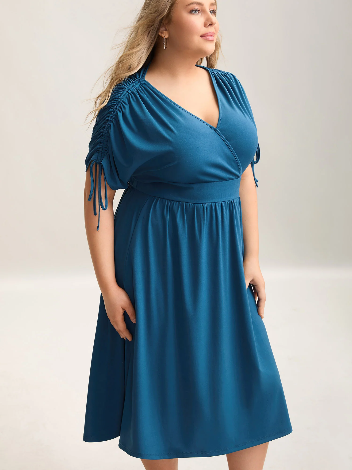 Drawstring Shoulder Surplice Neck Stretchy Midi Dress