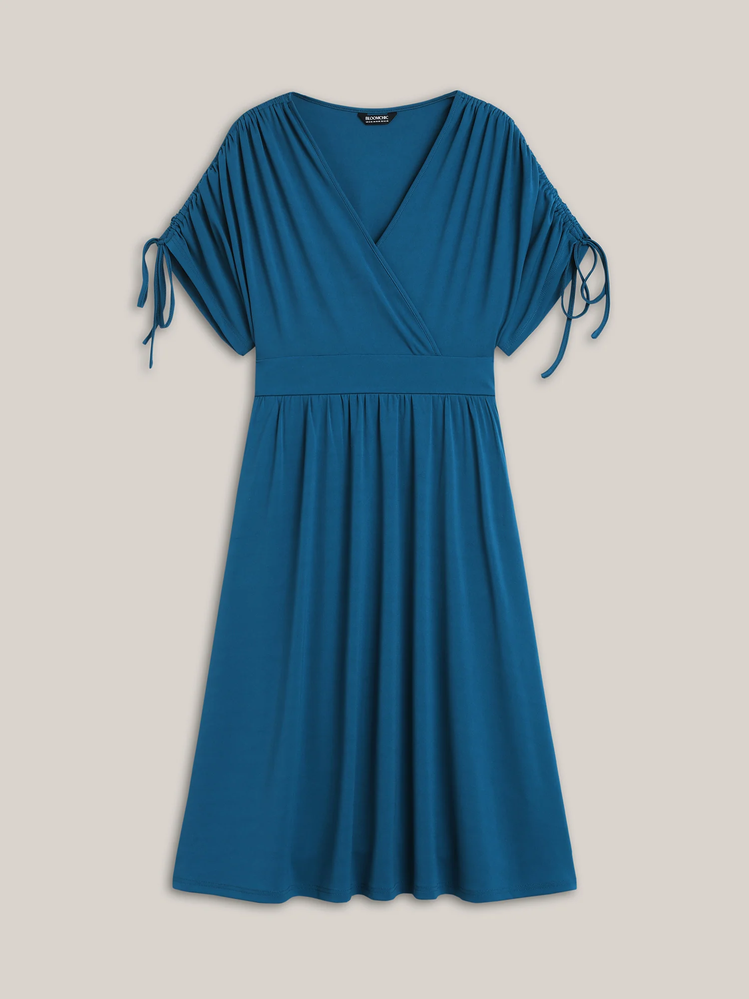 Drawstring Shoulder Surplice Neck Stretchy Midi Dress - Image 6