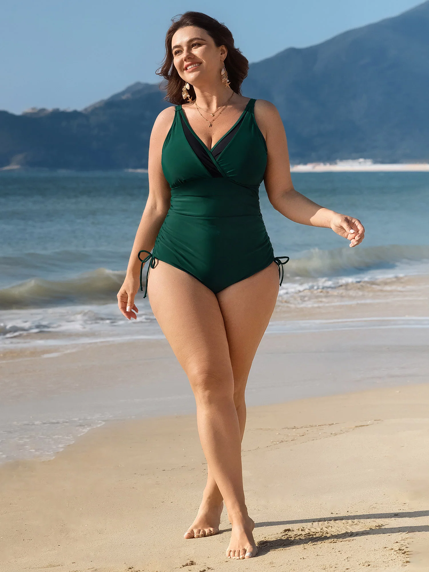Drawstring Side Surplice Neck Adjustable One-Piece Swimsuit - Image 3