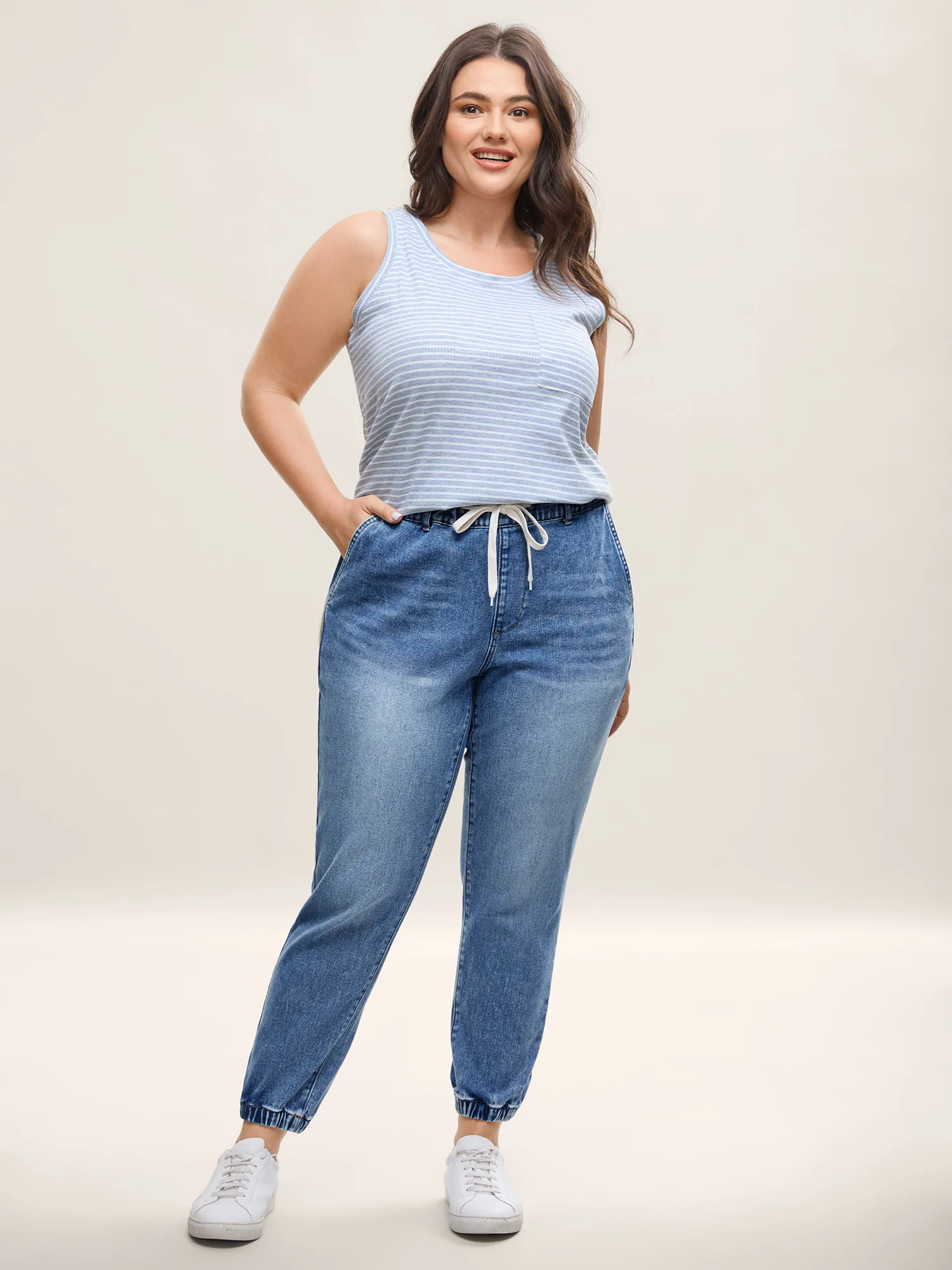 Drawstring Waist Jogger Boyfriend Jeans - Image 3
