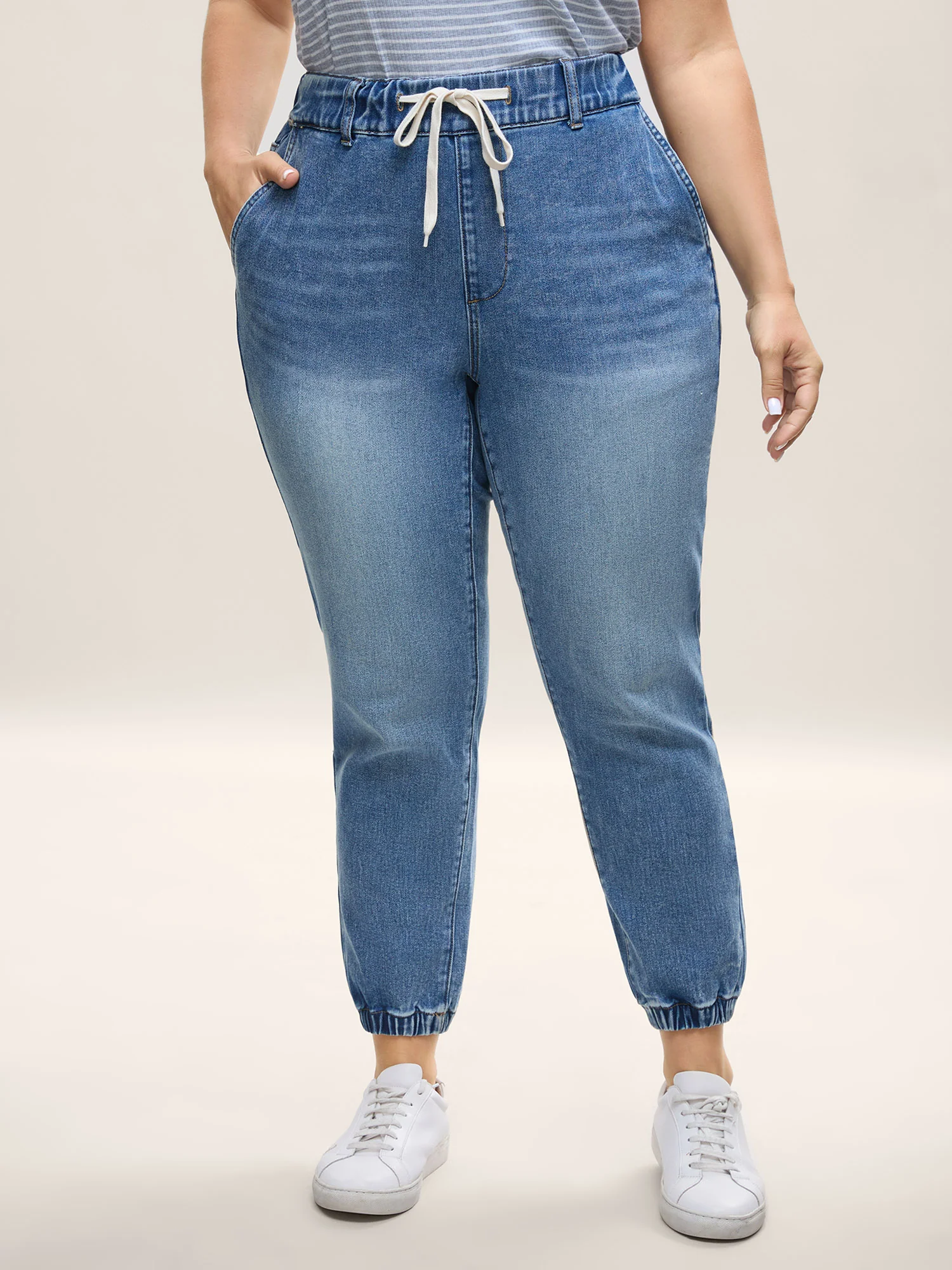 Drawstring Waist Jogger Boyfriend Jeans - Image 4