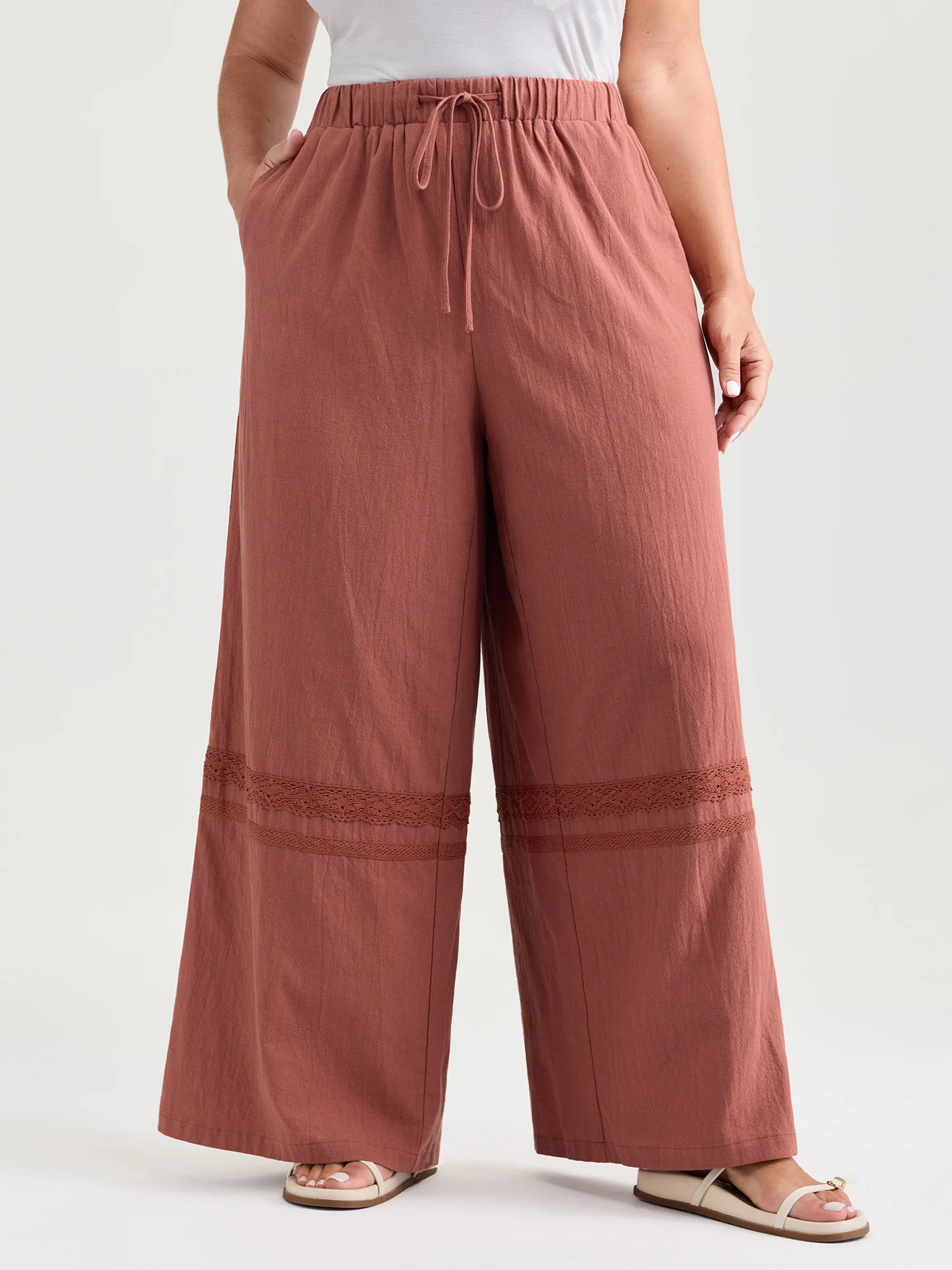 Cotton Drawstring Waist Lace Trim Pants