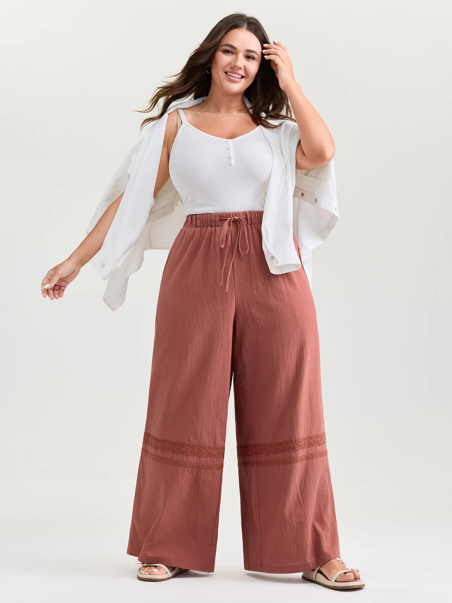 Cotton Drawstring Waist Lace Trim Pants - Image 2