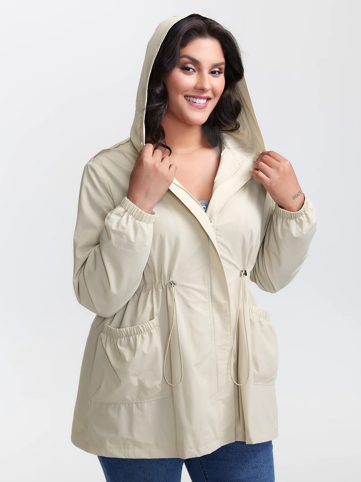 Drawstring Waist Pockets Hooded Coat - Image 2