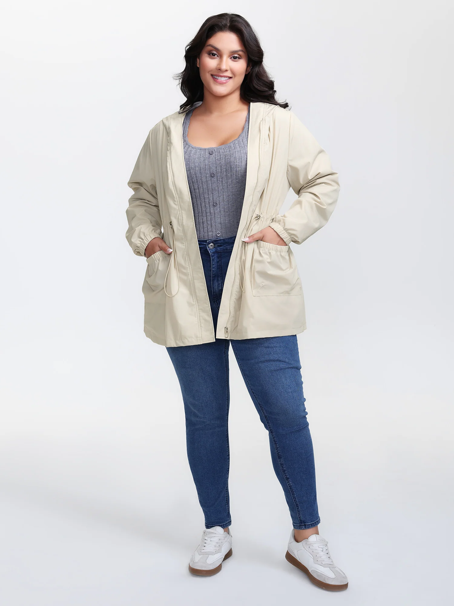 Drawstring Waist Pockets Hooded Coat - Image 3