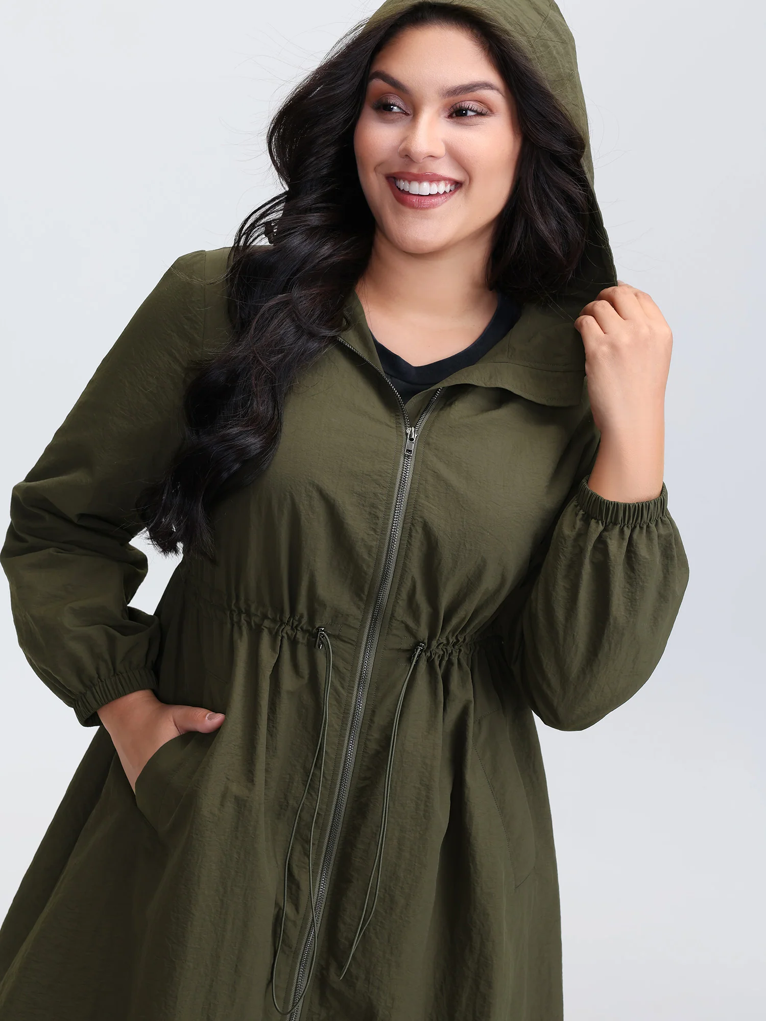 Drawstring Waist Pockets Hooded Coat - Image 2