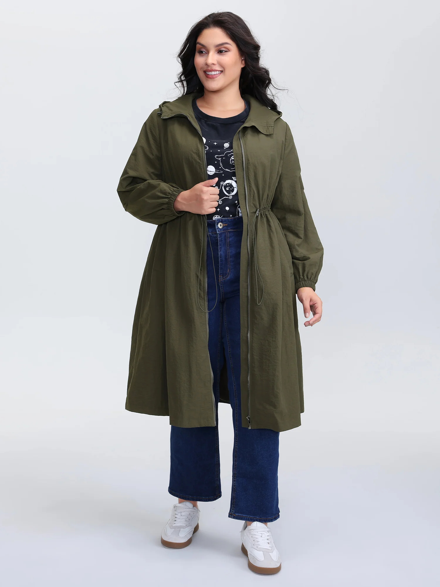 Drawstring Waist Pockets Hooded Coat - Image 3
