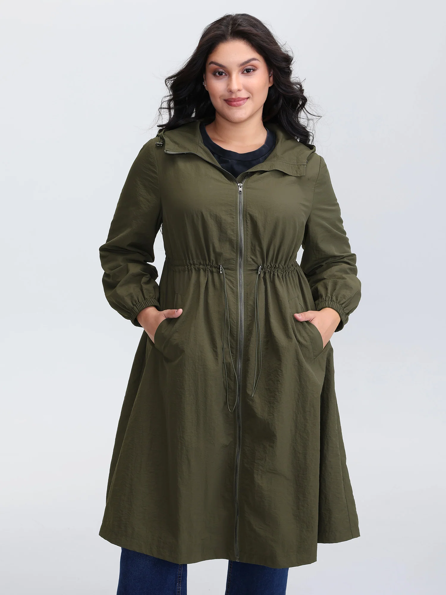 Drawstring Waist Pockets Hooded Coat - Image 4