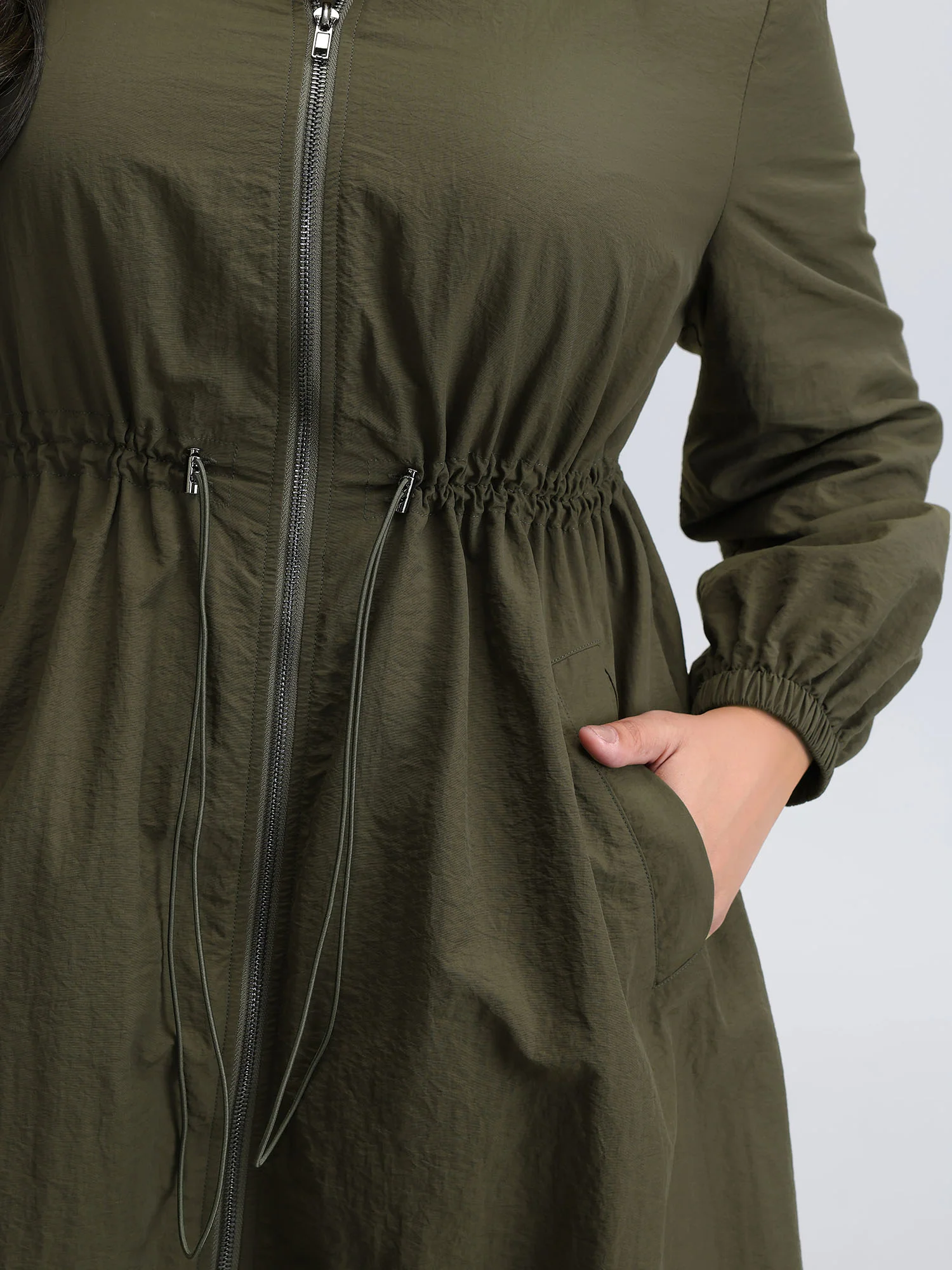 Drawstring Waist Pockets Hooded Coat - Image 5