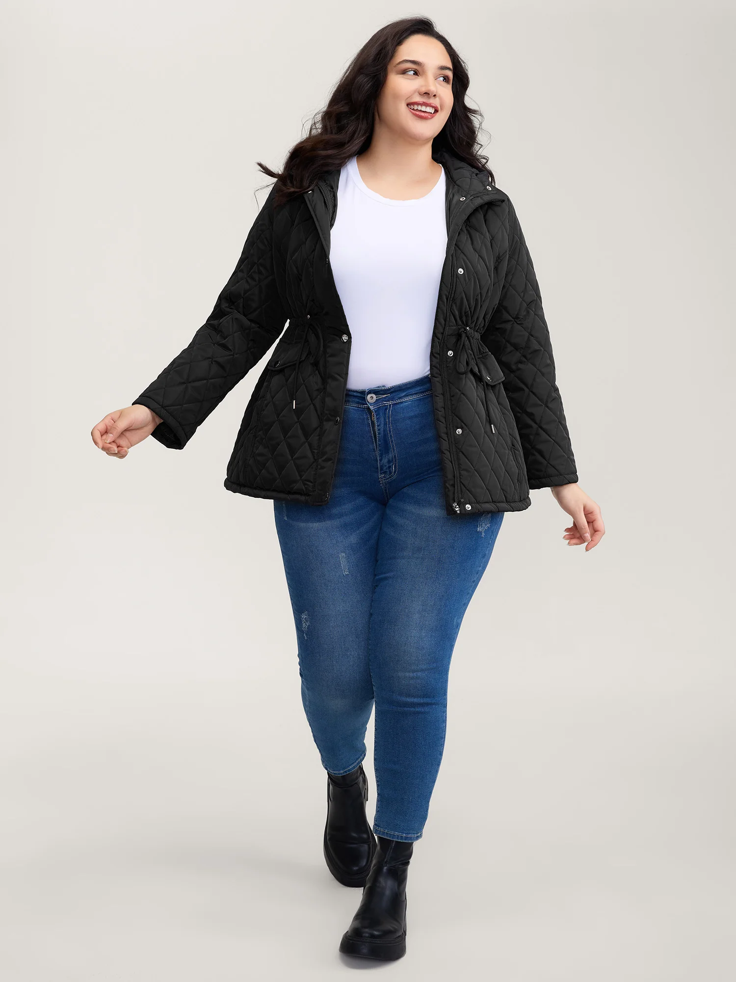 Drawstring Waist Pockets Quilted Jacket - Image 3