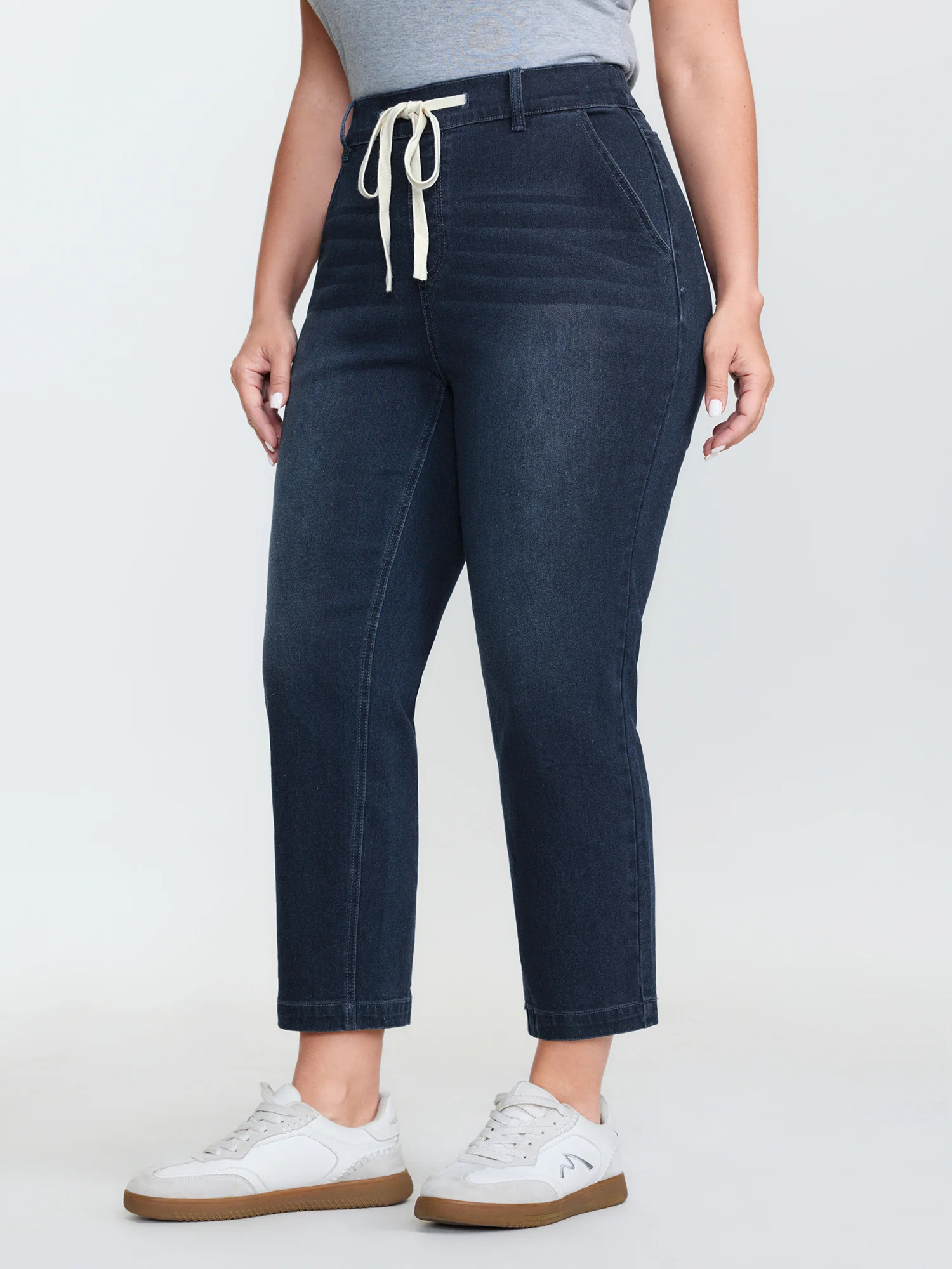 Drawstring Waist Stretchy Straight Leg Jeans - Image 3