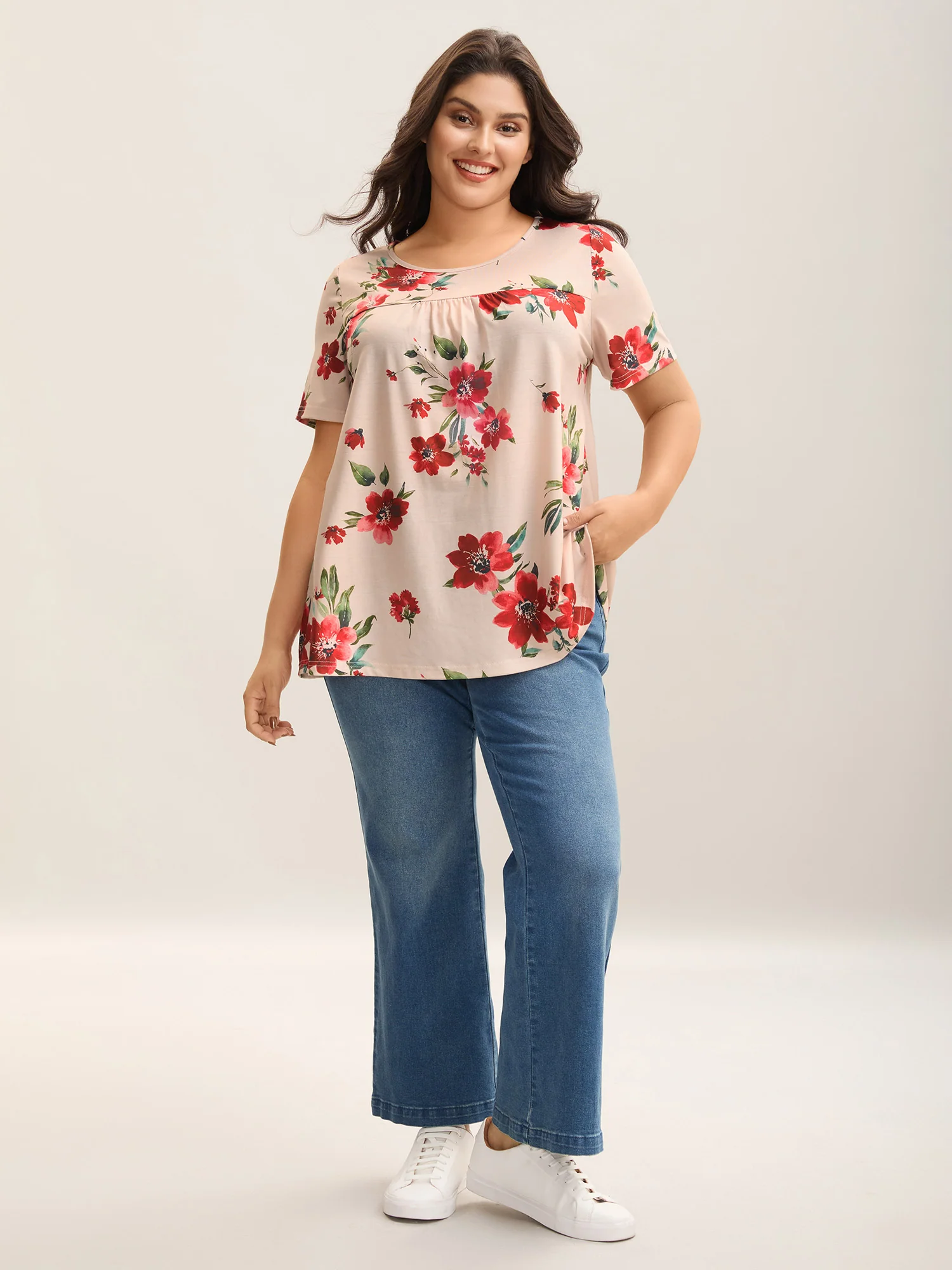 Dreamy Floral Print Flowy Pleated T-Shirt - Image 3