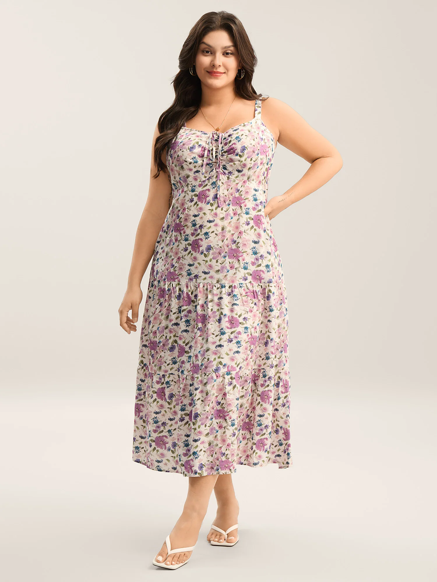 Dreamy Floral Rayon Neck Tie Midi Dress - Image 3
