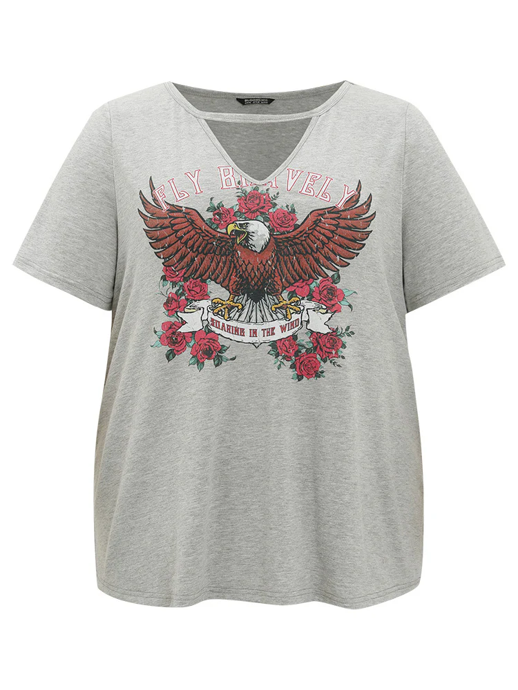 Eagle & Floral Print Keyhole Neck T-shirt - Image 10