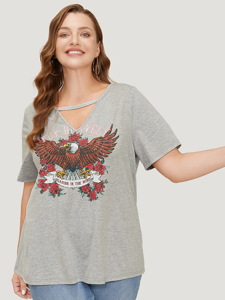 Eagle & Floral Print Keyhole Neck T-shirt - Image 2